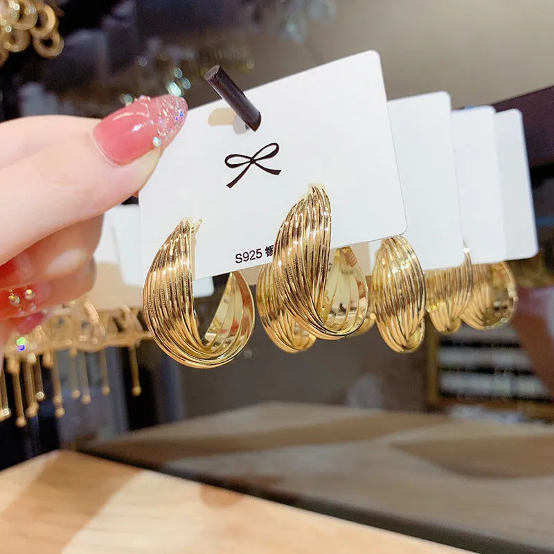 Twisted metal eardrop earring real gold plated round geometric drop earring gold colour stranded multi-layer design