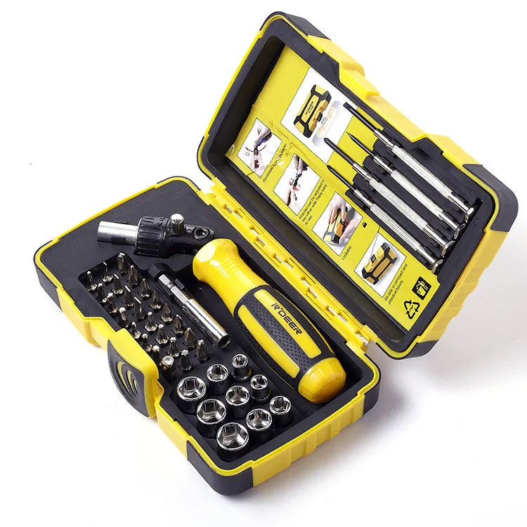 Yellow 39 in 1 combination ratchet screwdriver set in folding toolbox with steel bits and sleeves