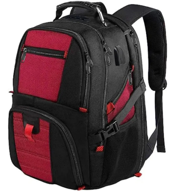 Large black USB backpack with curved shoulder straps, showing front compartment and charging port.