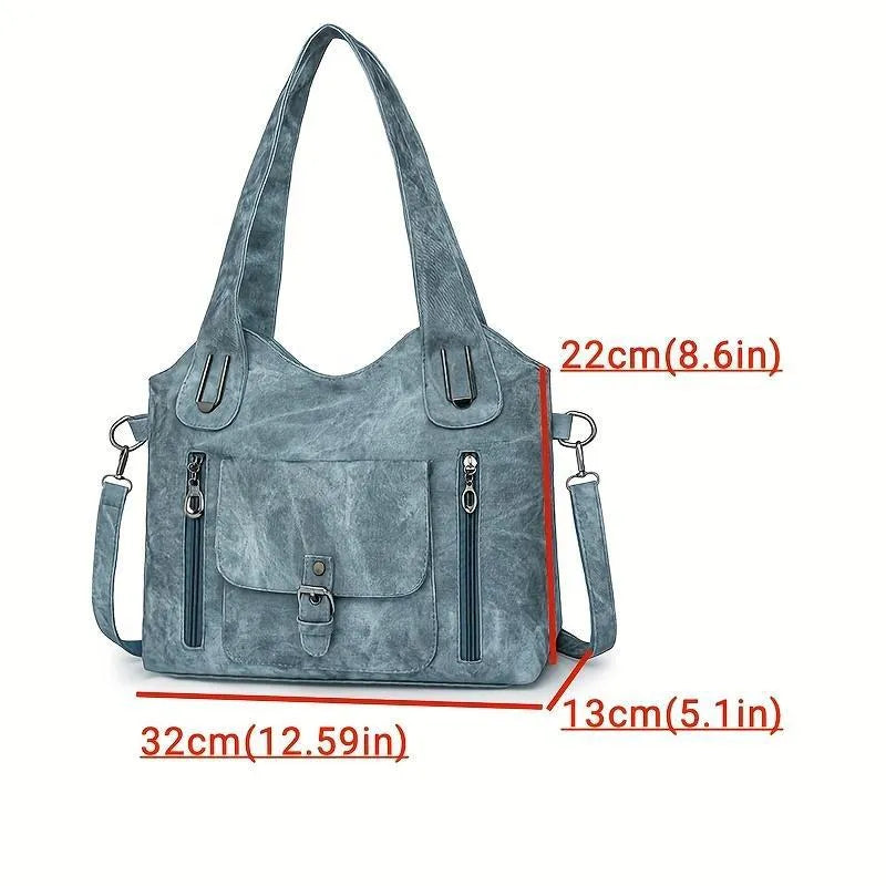 Soft synthetic leather vintage handbag with metal elements, available in blue, brown, khaki, beige, black, gray, and light blue.