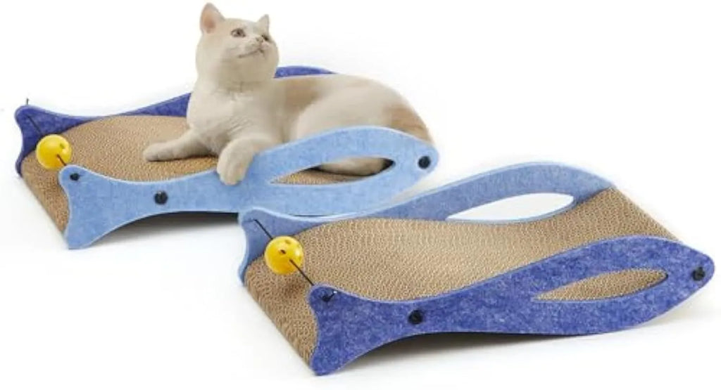Blue fish-shaped cardboard cat scratcher pad with a red bell toy attached