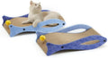 Blue fish-shaped cardboard cat scratcher pad with a red bell toy attached