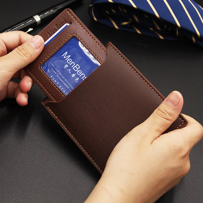 Men's black PU leather short wallet showing iron-edge card-picking design.