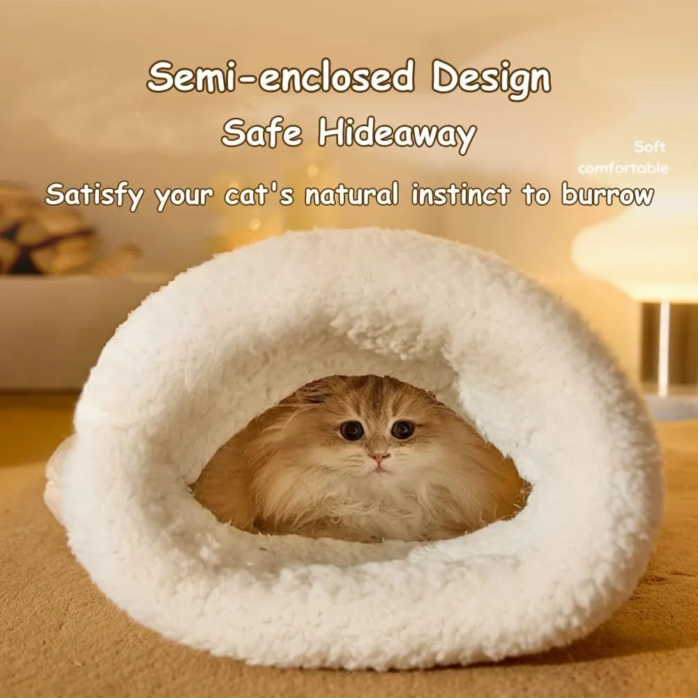 Plush cat sleeping bag in Blue, M size 44 x 37 cm, semi-enclosed cat bed cave for indoor cats and kittens