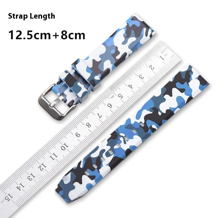 Green camouflage silicone watch strap showing 20mm width and buckle.