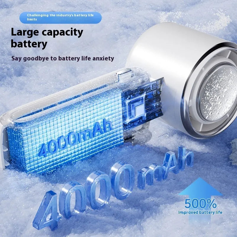Blue foldable handheld mini fan with neck strap, showing USB port and speed buttons.
