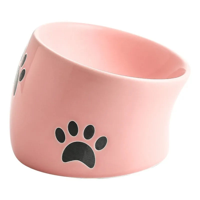 Ceramic cat bowl with oblique mouth and high foot in cat's paw black colour