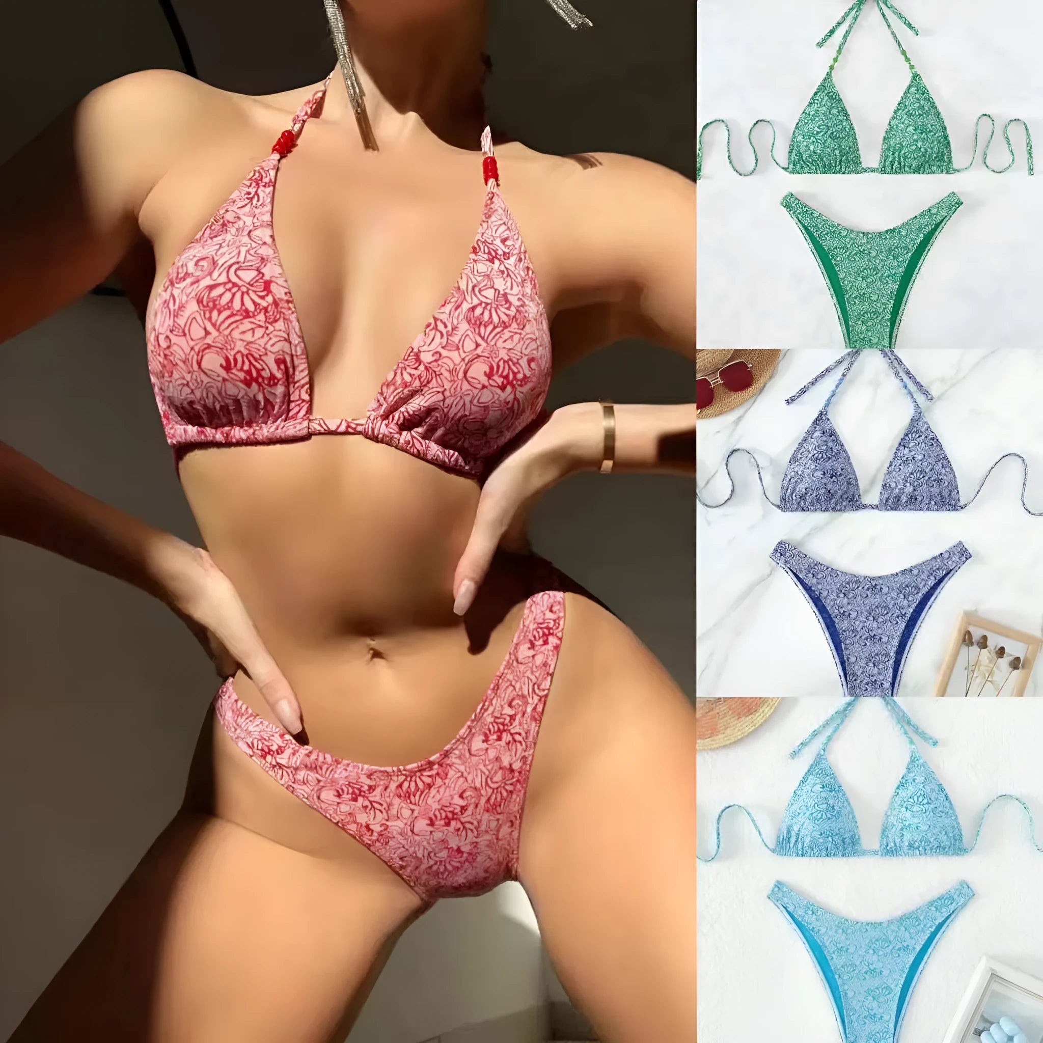 Women's floral pattern halter lanyard bikini set in emerald green, shown with top and shorts.
