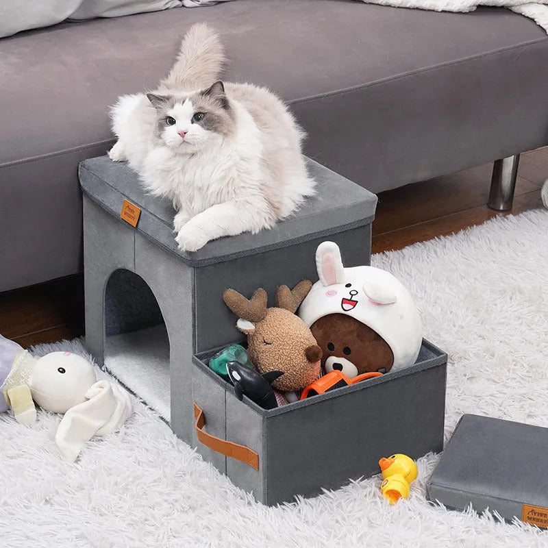 Grey foldable cloth dog stairs with 2 or 3 steps, 33cm wide, for small dogs at home