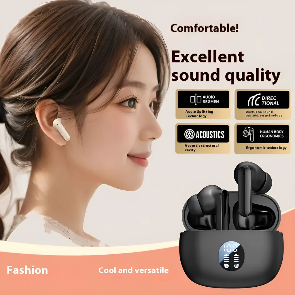 Wireless in-ear sports headset with noise reduction, waterproof PC ABS design, digital display, shown in black