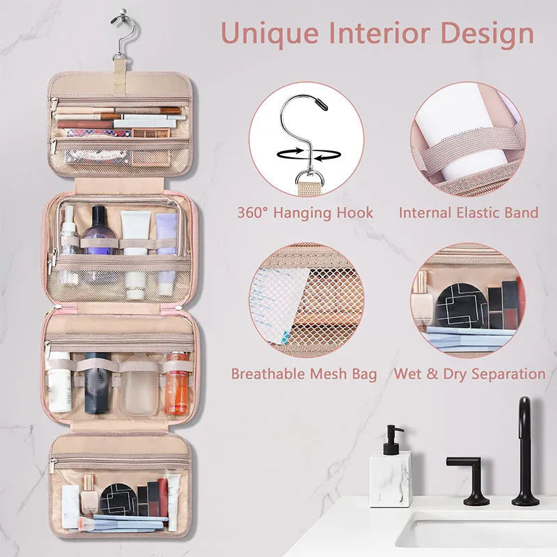 Hanging waterproof cosmetic bag in pink or black measuring 30.5 x 11 x 22.9 cm