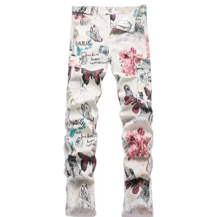 Men's slim fit denim trousers with digital animal print pattern on cotton fabric