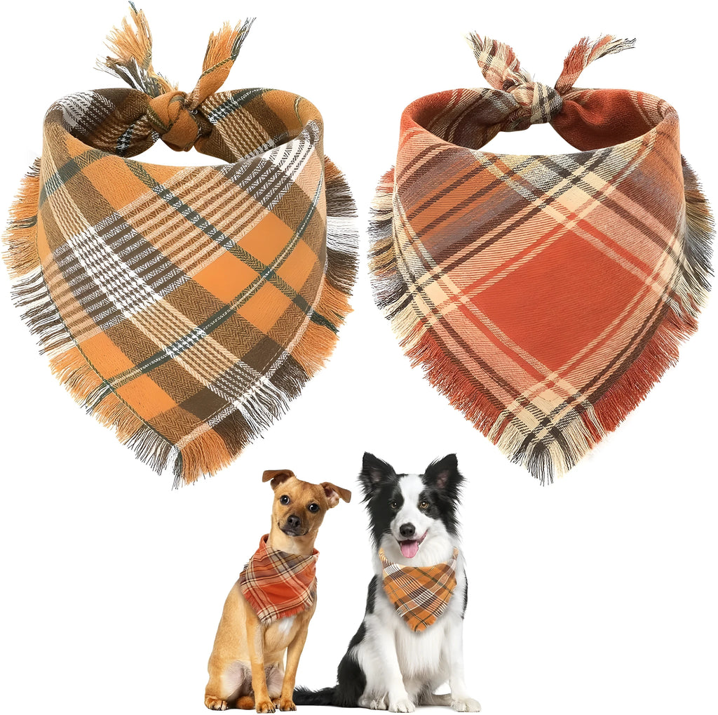 Classic plaid dog bandana with tassels edges in autumn colours