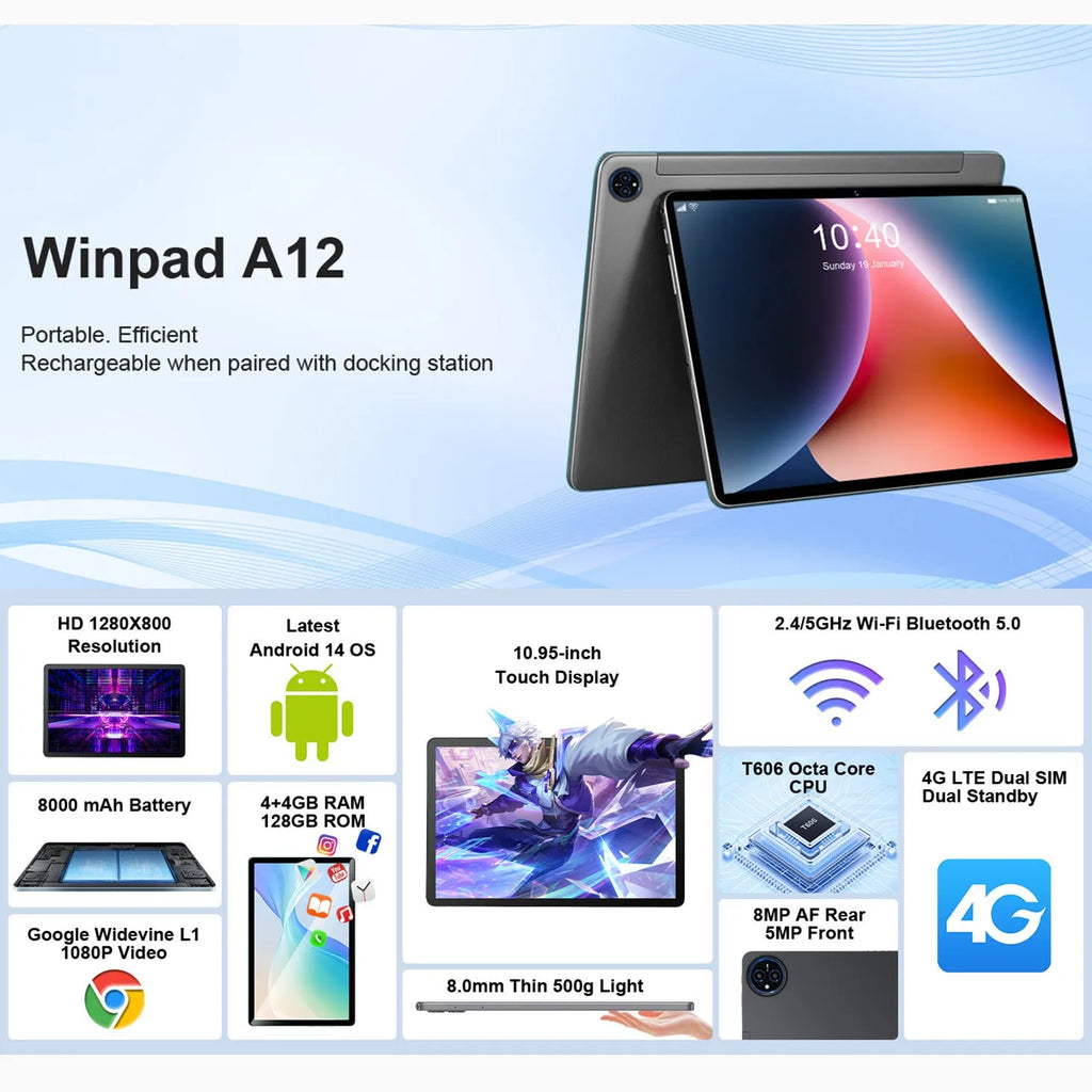 10-inch bare metal blue tablet with leather keyboard case on a desk