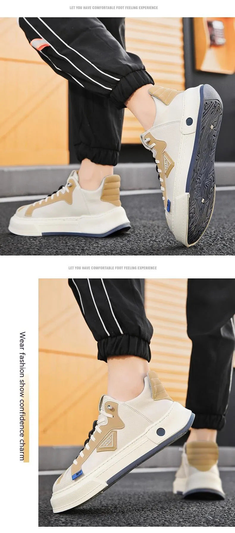 Men's beige low-top sneakers with elastic band closure and leather stitching detail on microfiber upper