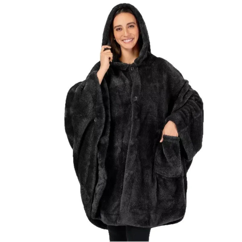 A thick free size hooded bathrobe in black, shown on a hanger.