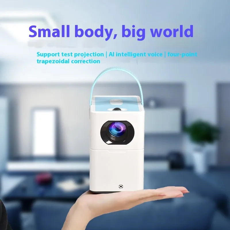 Smart HD home cinema projector with Android operating system and remote control on a table