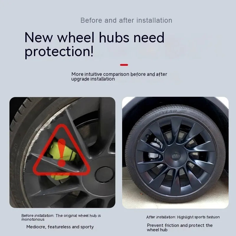 Tesla Model Y plastic wheel hub cover with sectional steel ring design in four colour options