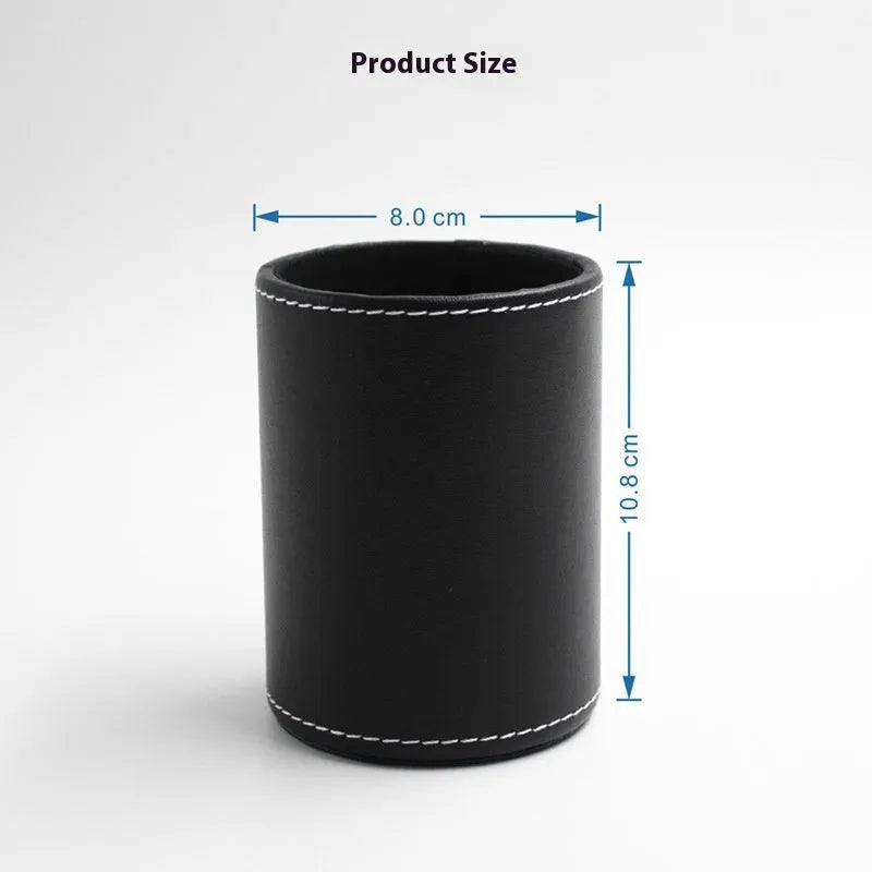 Round black leather pen holder with 8.0cm diameter on desk