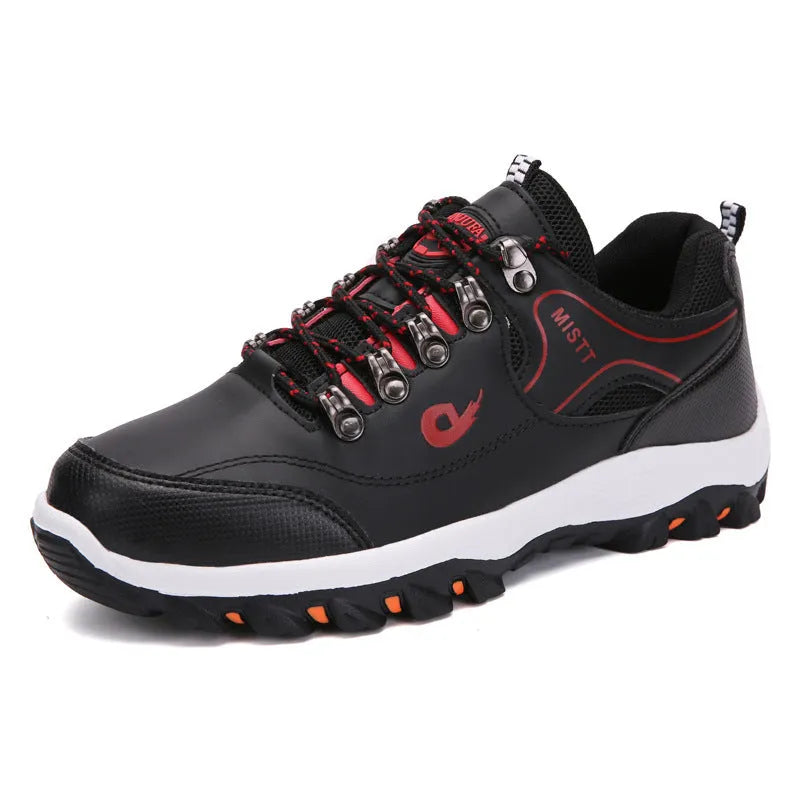 Men's outdoor hiking shoes in black with non-slip rubber outsole and lace-up closure