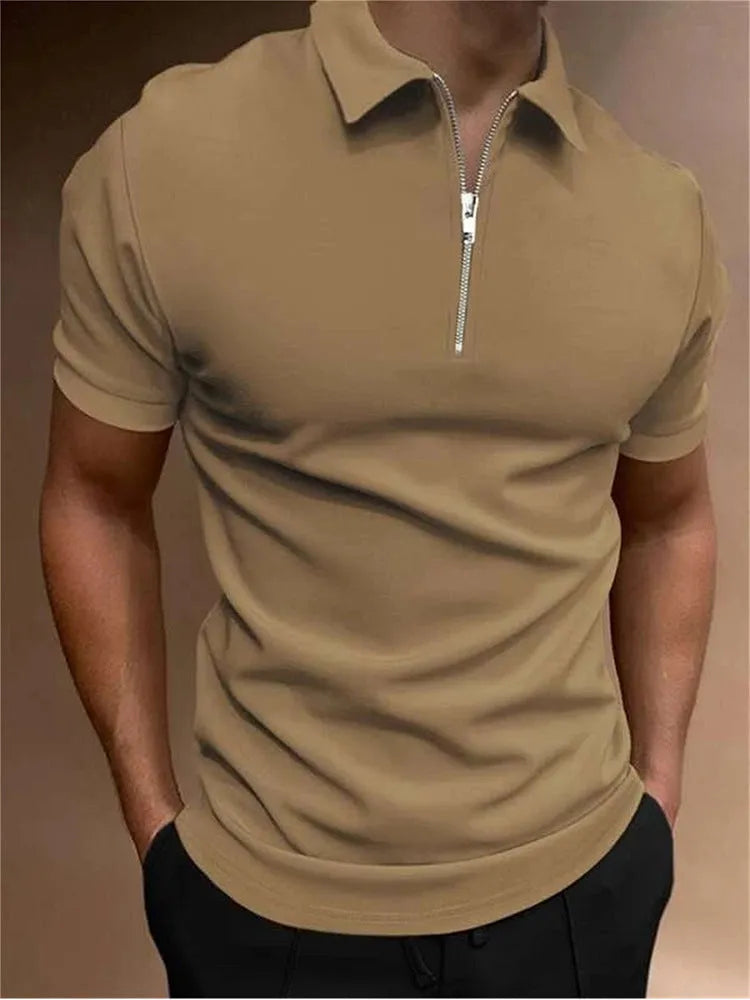 Man wearing a loose-fit navy blue polyester polo shirt for casual leisure wear