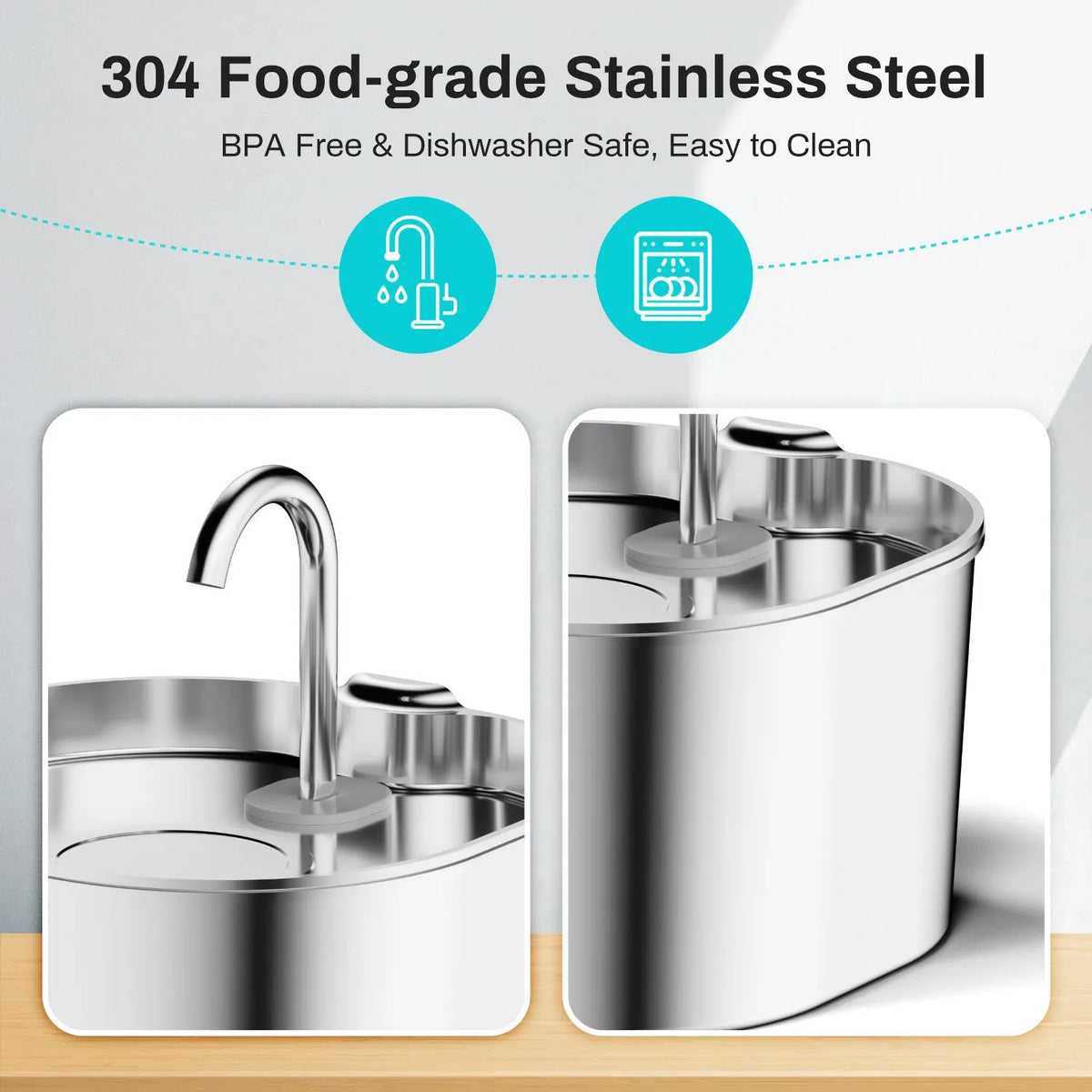 Stainless steel automatic pet water dispenser 2.2L with faucet strip window for dogs and cats