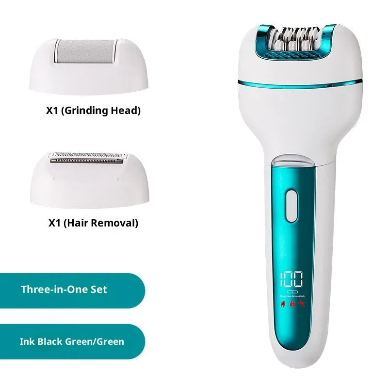 Women's USB-powered 3-in-1 hair removal set with stainless steel blade, gold colour, on white background