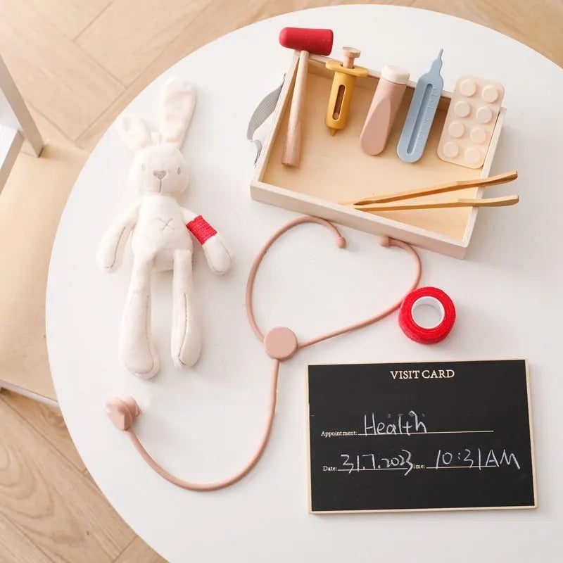 Wooden children's doctor toy set with stethoscope and medical suit for pretend play.