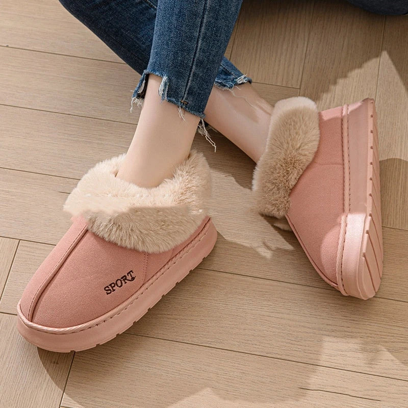 Cozy plush slippers with faux fur lining, non-slip platform, and comfortable fit for indoor wear