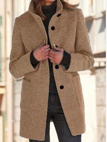 Fashionable wool coat with stand collar, pockets, and a variety of color options for casual fall and winter wear