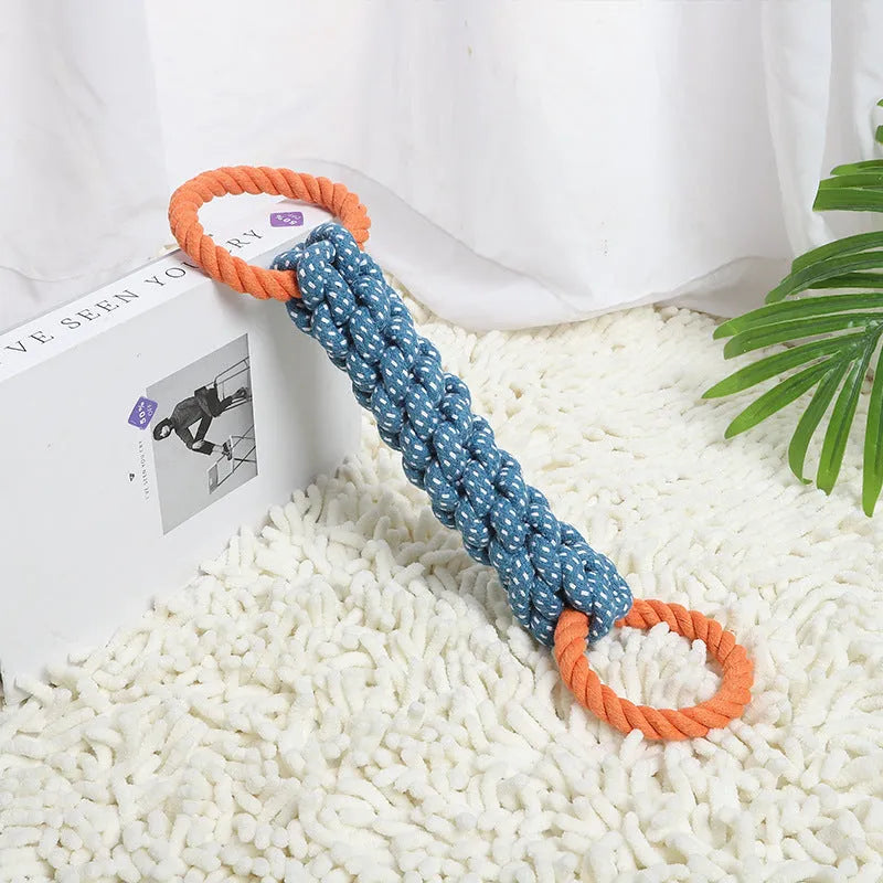 Blue braided cotton rope bone dog toy with double-ring loops