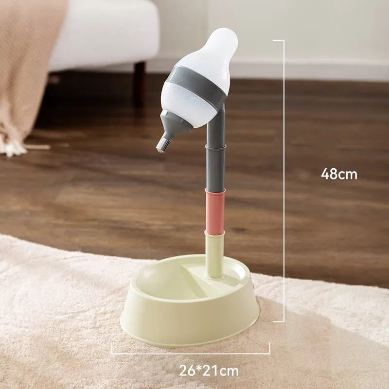 Green adjustable standing water dispenser for pets with a detachable pole and separate bowl.