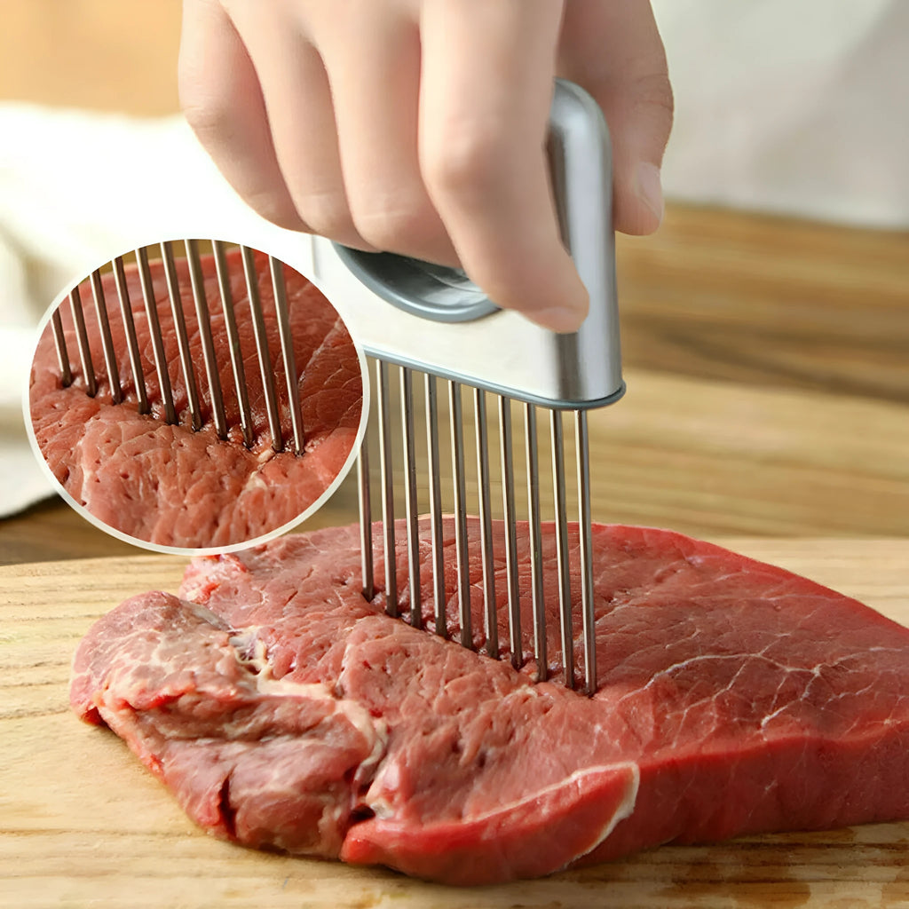 Stainless steel onion holder with prongs and finger guard for slicing vegetables