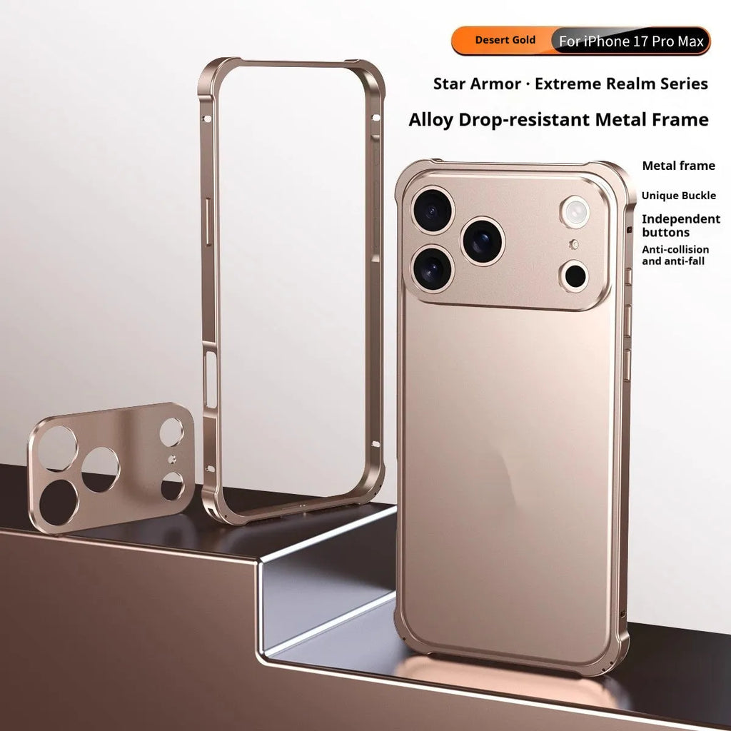 Metal alloy iPhone 17 case with seahorse buckle and reinforced corners in five colour options