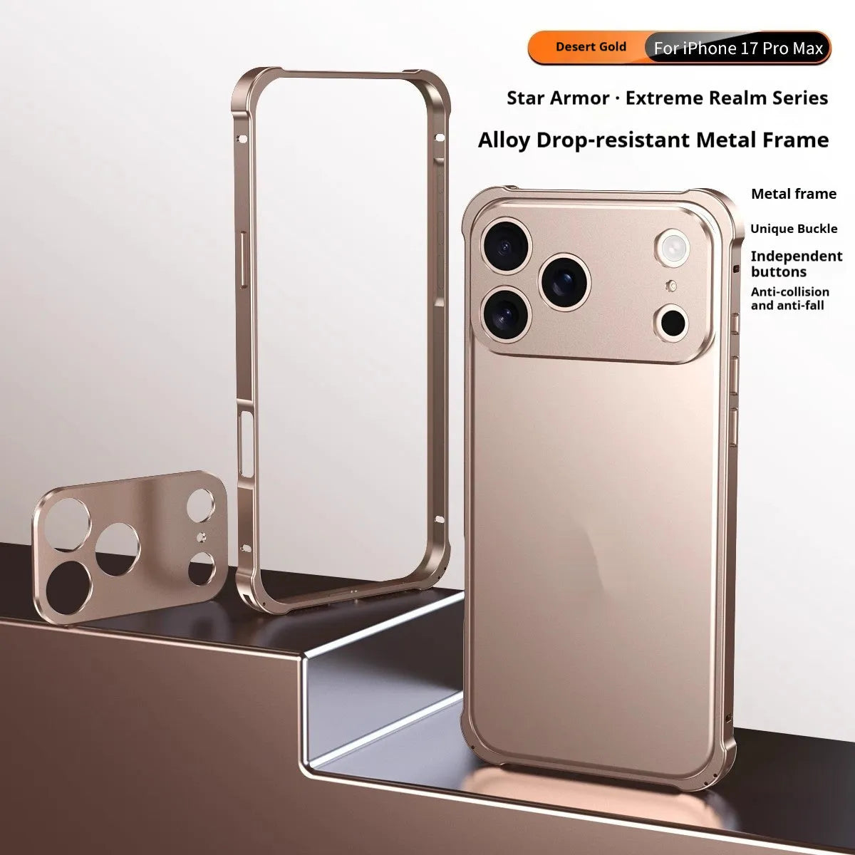 Metal alloy iPhone 17 case with seahorse buckle and reinforced corners in five colour options
