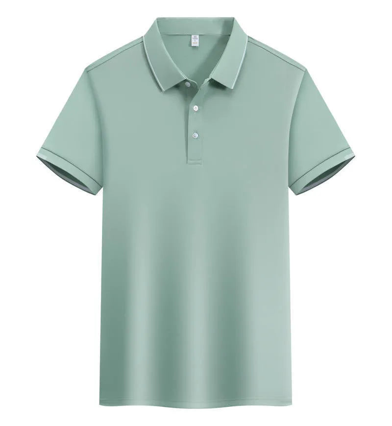 Men's loose fit cotton blend short sleeve polo shirt with a secondary collar lapel.