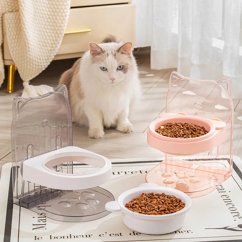 Grey adjustable height cat feeding bowl with ear design and neck protection