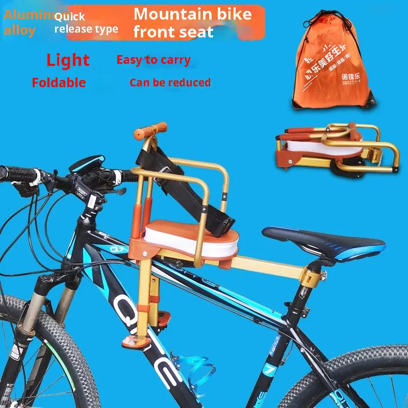 Aluminium alloy front-mounted children's bicycle seat in black with fence, folded on a table
