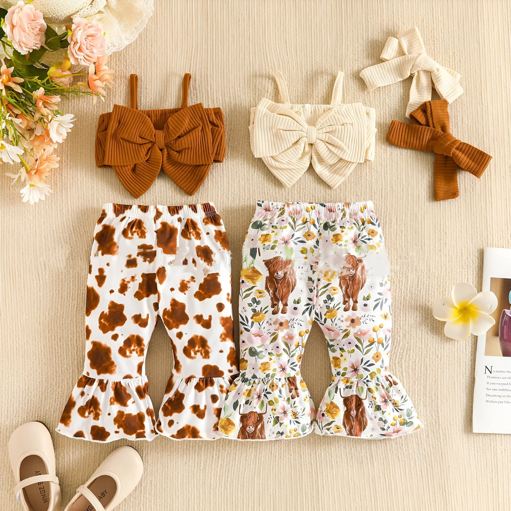 Girls' bow suspenders short top and trousers suit in beige cotton concave stripe fabric with hairband