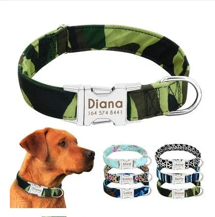 Durable, reflective dog collar with adjustable fit for small, medium, and large breeds. Crafted from polyester and alloy metal with engraved pet information.