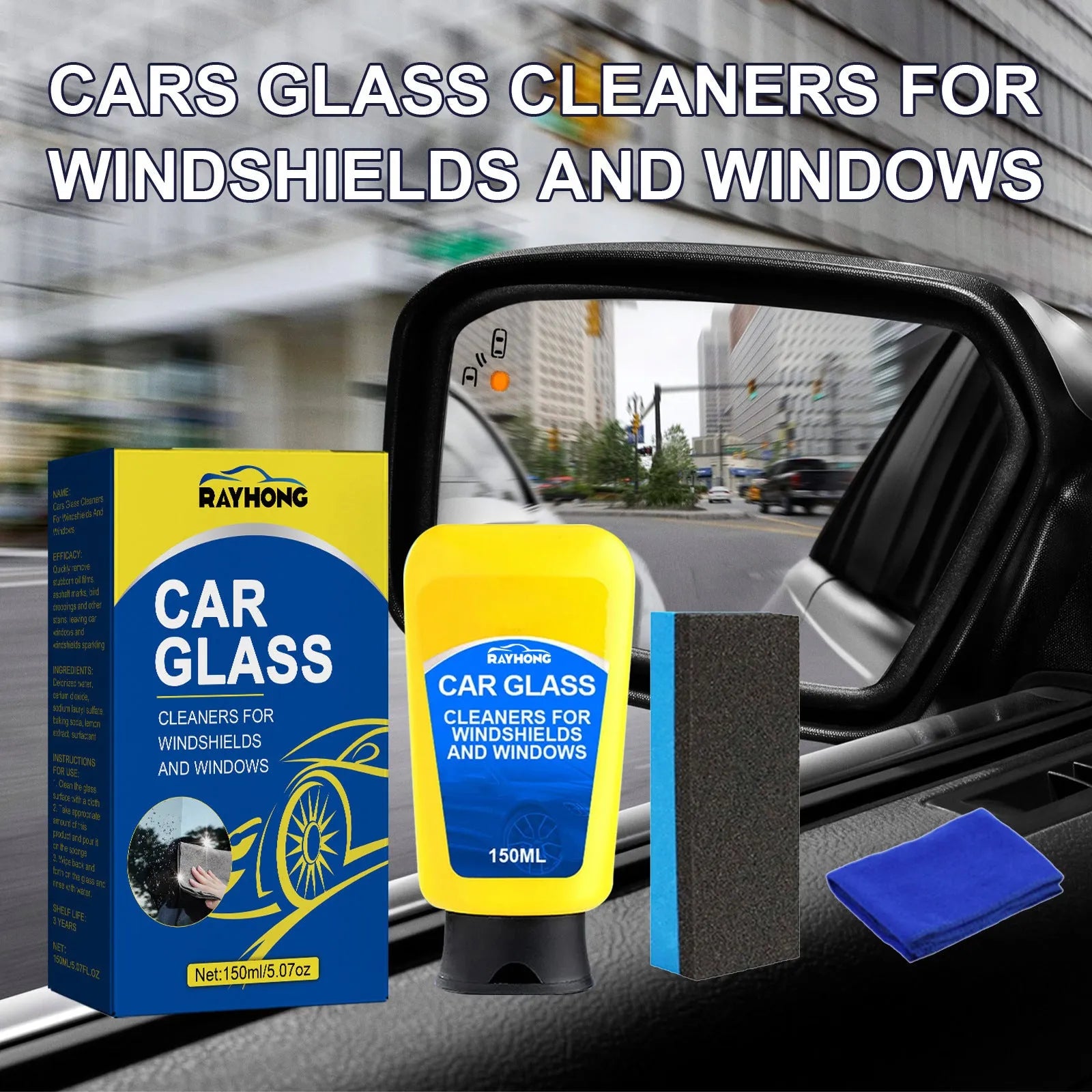 Windshield automotive detergent defogging kit showing 150ml spray bottle, sponge, and cleaning cloth