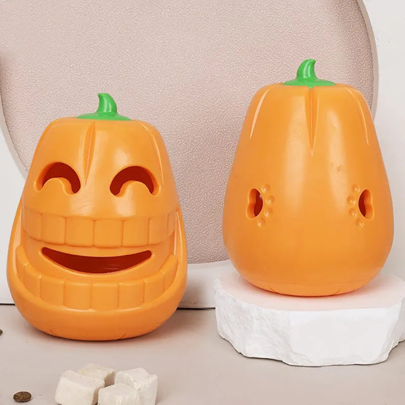 Halloween pumpkin shaped interactive dog chew toy with treat-dispensing funnel