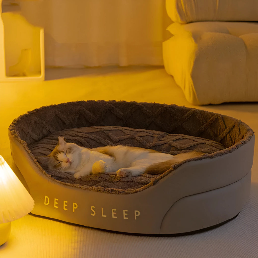 Warm thick sponge cat nest in gray velvet with removable washable cover, available in multiple sizes for small to large cats