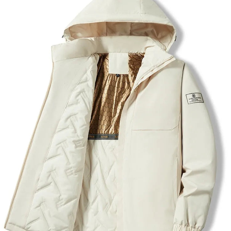 Outdoor waterproof jacket in camel colour with temperature sensing technology for autumn and winter wear