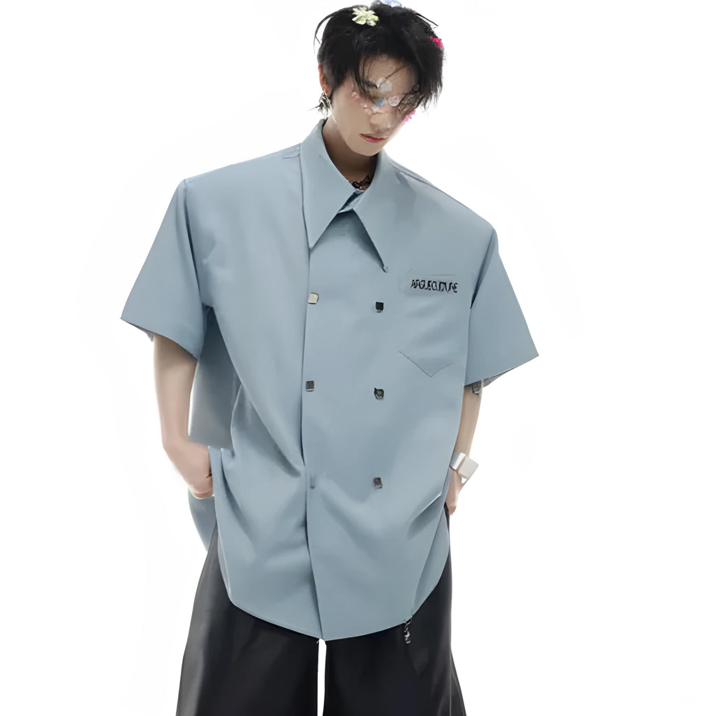 Men's loose fit short-sleeved summer shirt in black with lapel collar and button decoration