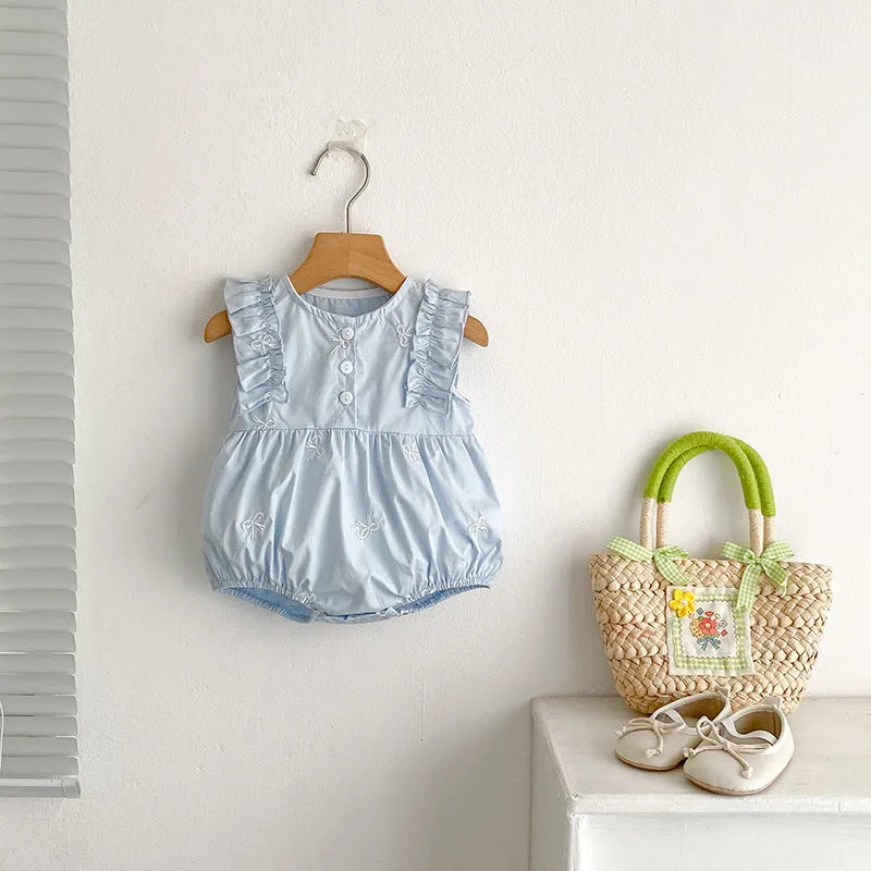 Children's cotton bowknot embroidered sleeveless dress in pink with A-line skirt