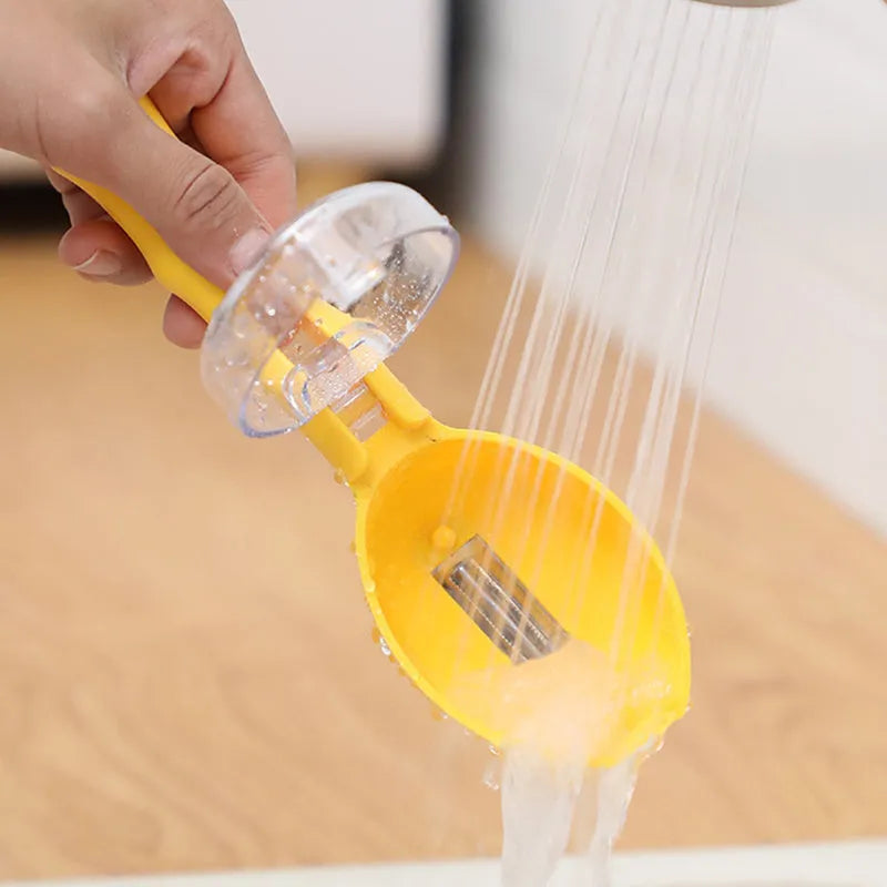 Yellow peeling knife with storage lid showing stainless steel blade and polypropylene handle