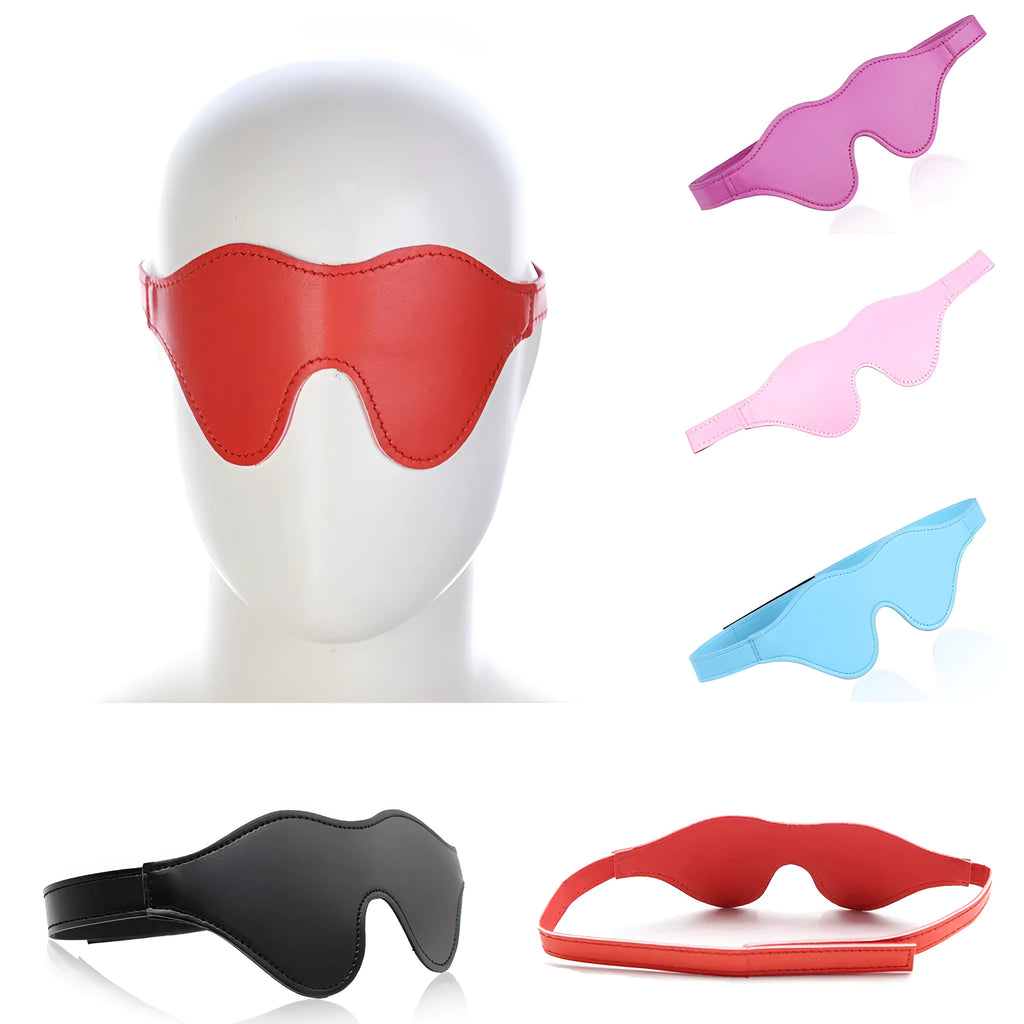 Women's black leather velcro eye mask blindfold showing three-dimensional shape and metal hardware.