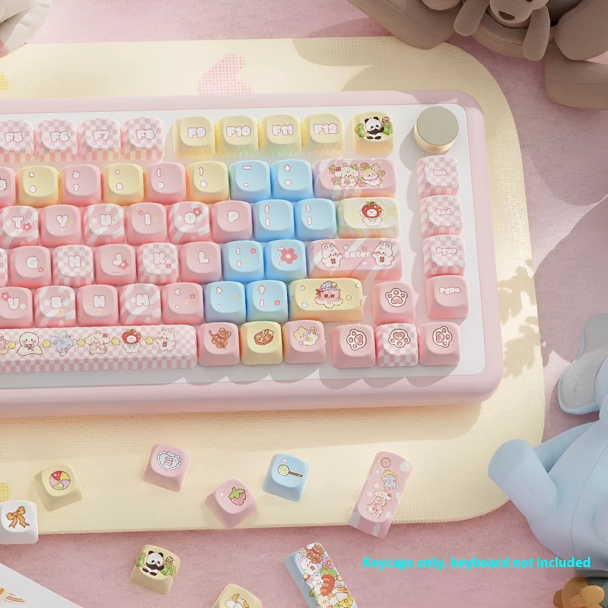 Clip Doll mechanical keyboard keycaps set with colourful sublimation printed designs in boxed presentation