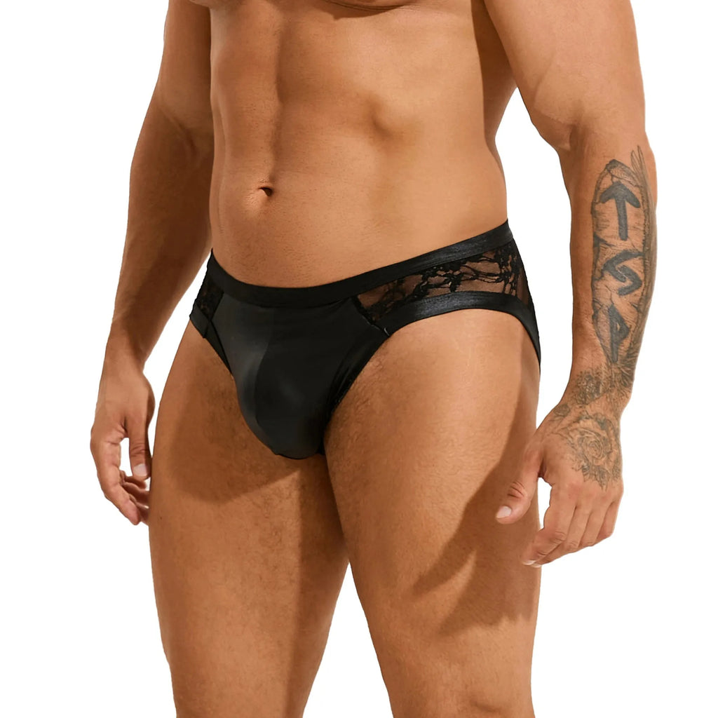 Men's black faux leather briefs with lace-up front detailing and stitching accents